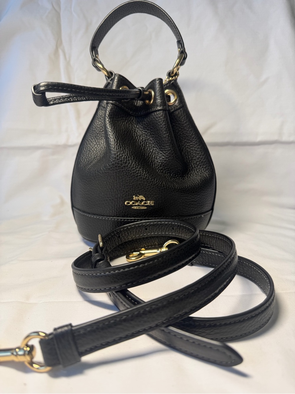 Coach Black Pebbled Leather Mini Drawstring Bucket Bag with Gold Hardware